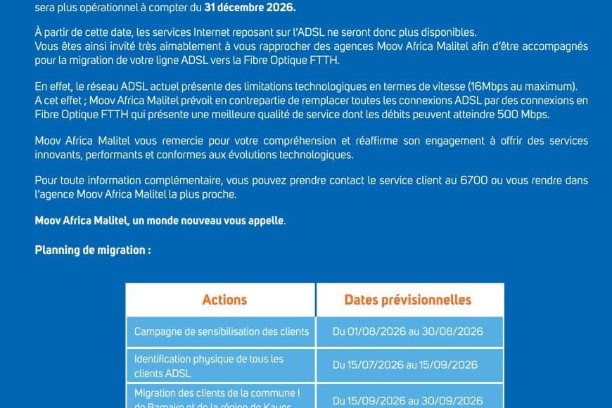 Moov Africa Malitel tourne la page de l’ADSL : la migration vers la fibre optique FTTH lancée d’ici fin 2026